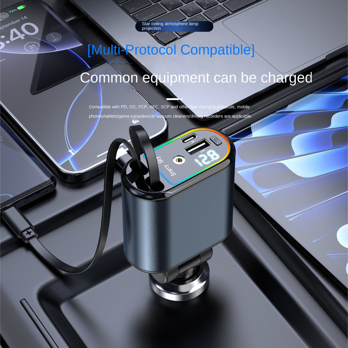 Cargador de Auto 120W 4-en-1 Retráctil con Pantalla Digital