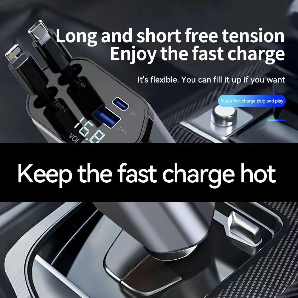 Cargador de Auto 120W 4-en-1 Retráctil con Pantalla Digital