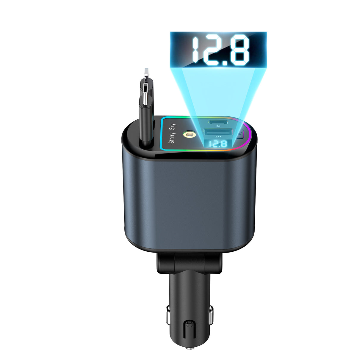 Cargador de Auto 120W 4-en-1 Retráctil con Pantalla Digital