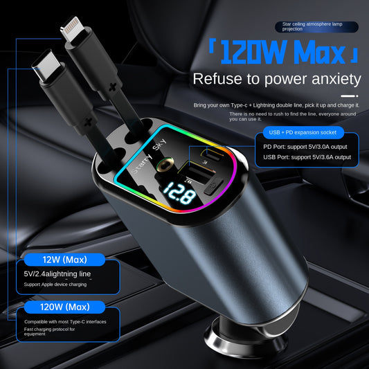 Cargador de Auto 120W 4-en-1 Retráctil con Pantalla Digital